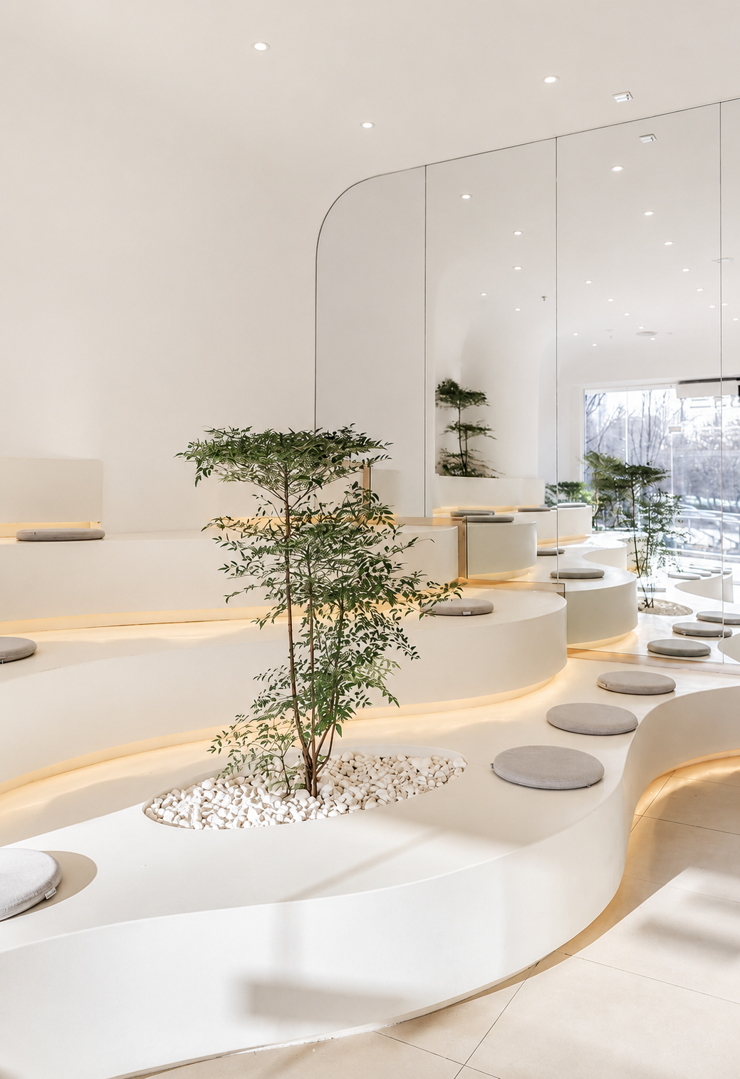 Salle d'attente du cabinet du Dr. Sophie Marchand — design organique, lumière naturelle, plantes.